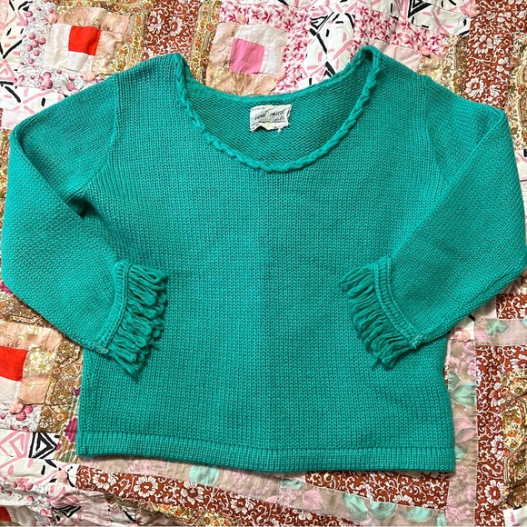 Vintage Teal Knit Sweater with Fringe Hem Sleeves S/M - Picture 1 of 7